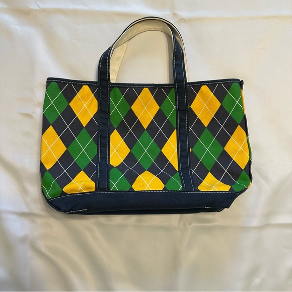 Vintage LL Bean Boat & Tote Bag Argyle Blue Green Yellow Handbag Purse - Picture 1 of 10